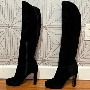 Fergie Herbie Tall Black Faux Suede Over Knee High Heel Boots Studs size 10 $150